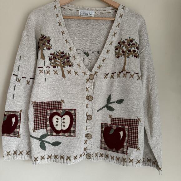 Mandal Bay Sweaters - Vintage Mandal Bay Apple Patch Cardigan Sweater Linen Cotton Cottagecore Size L